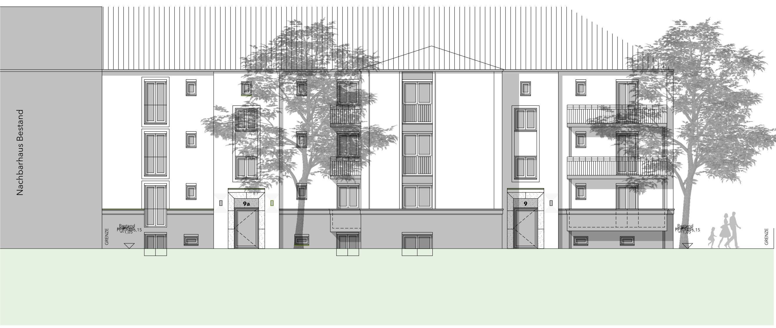 Mehrfamilienhaus in Gräfelfing: Fassadenansicht mit den Hauseingängen, Planung